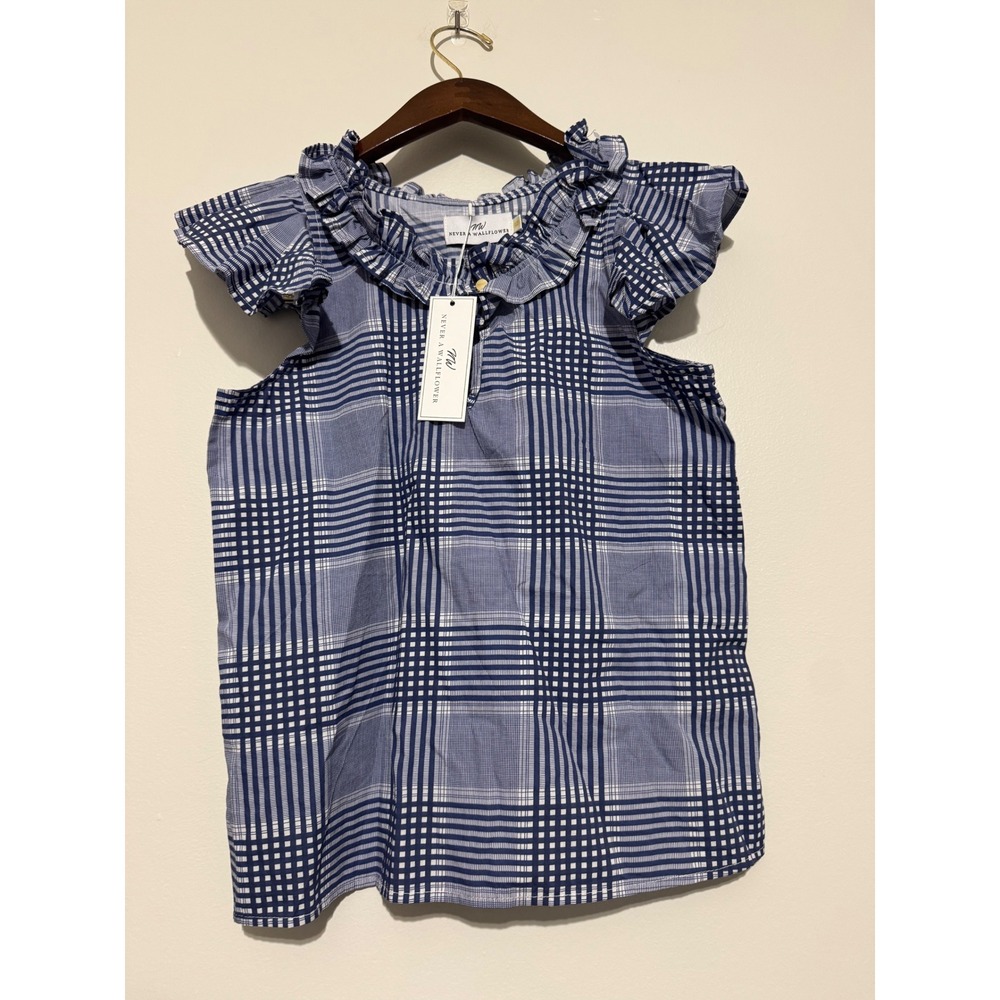 Never A Wallflower Womens Blue White Plaid Ruffle Neck Flutter Sleeve Blouse XS